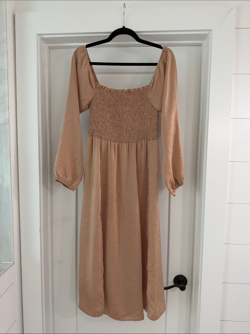 RESA Smocked Square Neck Long Sleeve Midi Dress in Beige/Rose